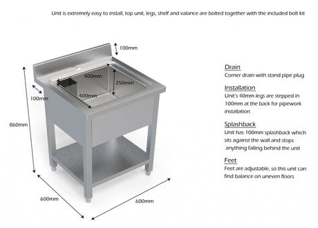Empire Stainless Steel Commercial Sink Unit – Single Bowl with Undershelf & Splashback 600mm Wide | 600SINK Single Bowl Sinks Empire