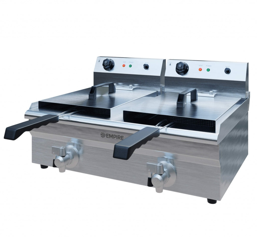 Empire 2 x 12L Twin Tank Electric Fryer with Drain Tap – 6kW Commercial Countertop Deep Fryer | EMP-EDF-12-DT Countertop Electric Fryers Empire