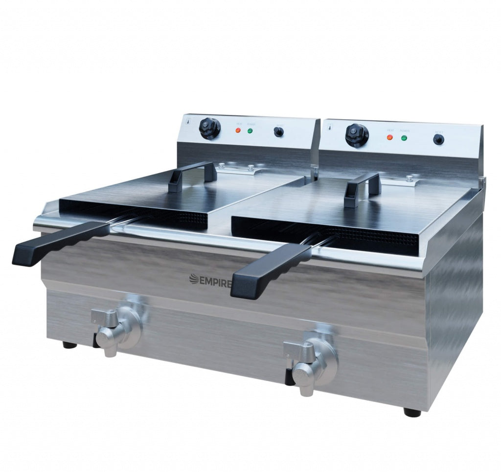 Empire 2 x 19L Twin Tank Electric Fryer with Drain Tap – 6kW Commercial Countertop Deep Fryer | EMP-EDF-19-DT Countertop Electric Fryers Empire