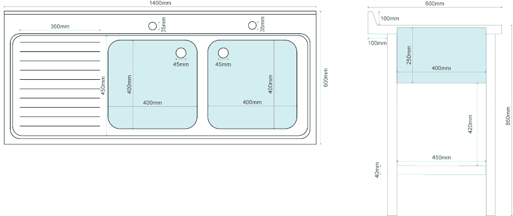 Empire Stainless Steel Commercial Double Bowl Sink – Left Hand Drainer 1400mm Wide | 1400-600LHD Double Bowl Sinks Empire