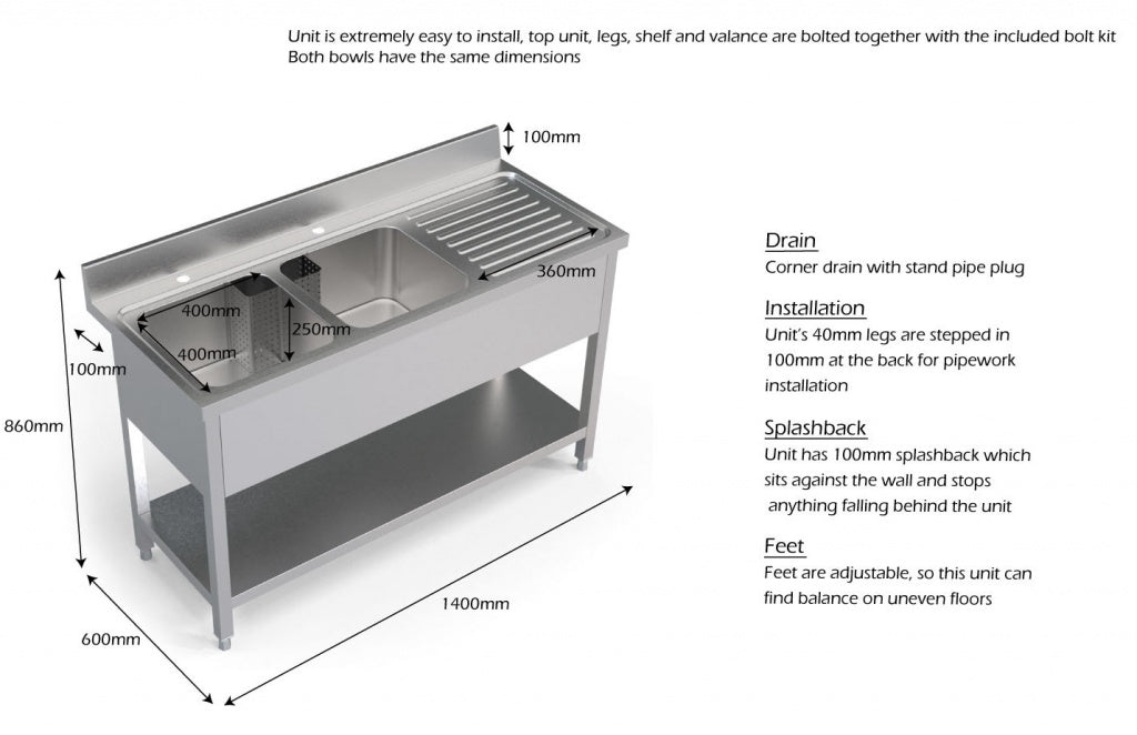 Empire Stainless Steel Commercial Double Bowl Sink – Right Hand Drainer 1400mm Wide | 1400-600RHD Double Bowl Sinks Empire