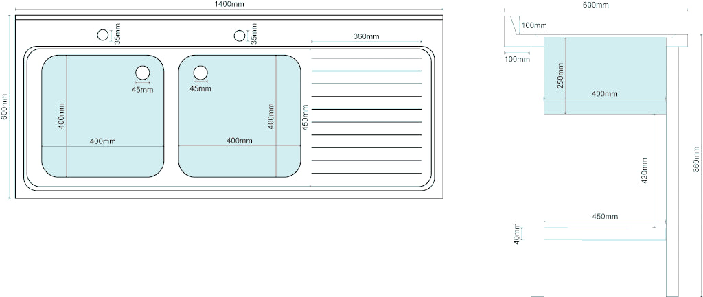 Empire Stainless Steel Commercial Double Bowl Sink – Right Hand Drainer 1400mm Wide | 1400-600RHD Double Bowl Sinks Empire