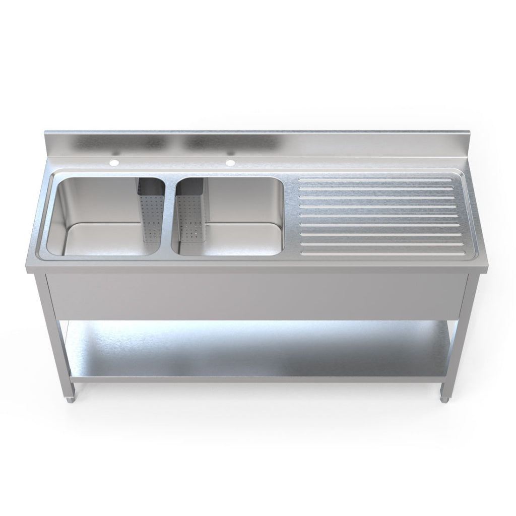 Empire Stainless Steel Commercial Double Bowl Sink – Right Hand Drainer 1600mm Wide | 1600-600RHD Double Bowl Sinks Empire