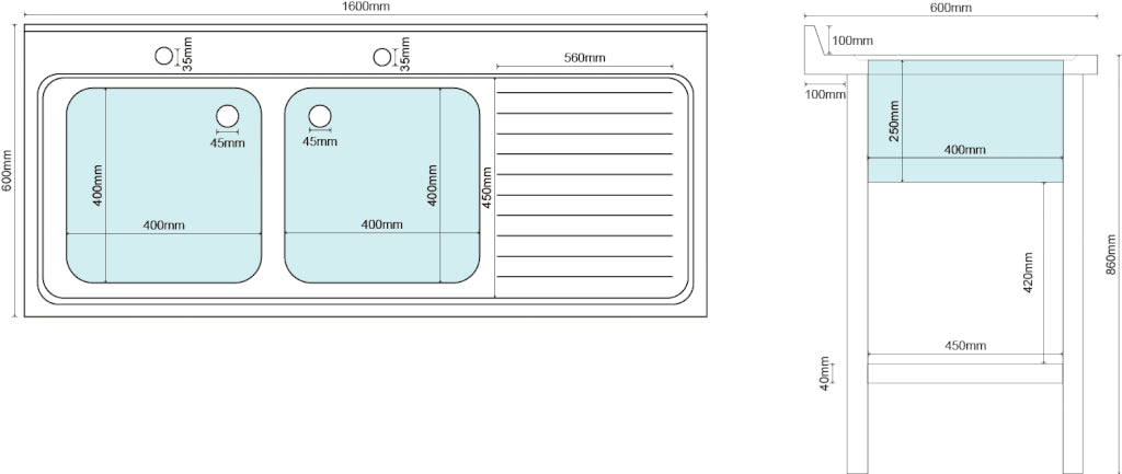 Empire Stainless Steel Commercial Double Bowl Sink – Right Hand Drainer 1600mm Wide | 1600-600RHD Double Bowl Sinks Empire