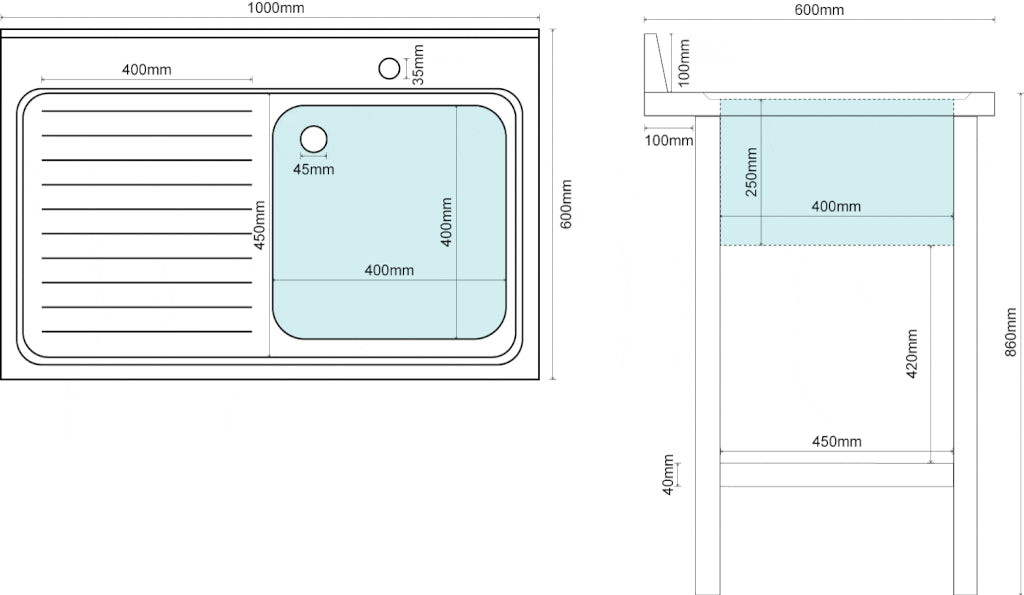 Empire Stainless Steel Commercial Single Bowl Sink – Left Hand Drainer 1000mm Wide | 1000-600LHD Single Bowl Sinks Empire