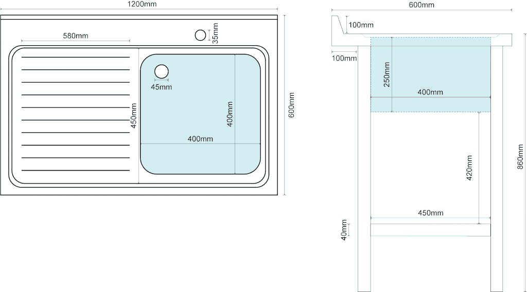 Empire Stainless Steel Commercial Single Bowl Sink – Left Hand Drainer 1200mm Wide | 1200-600LHD Single Bowl Sinks Empire