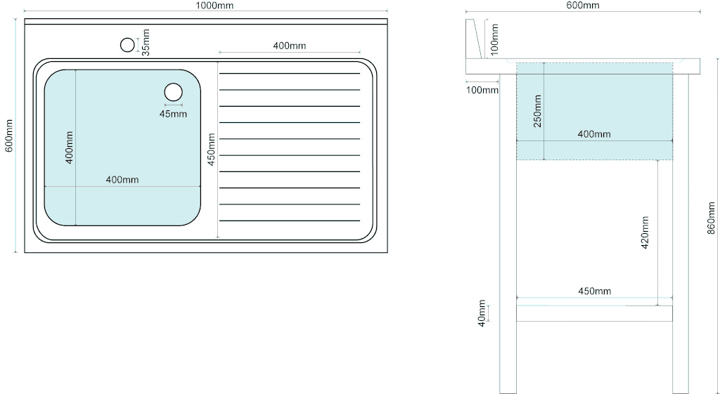 Empire Stainless Steel Commercial Single Bowl Sink – Right Hand Drainer 1000mm Wide | 1000-600RHD Single Bowl Sinks Empire