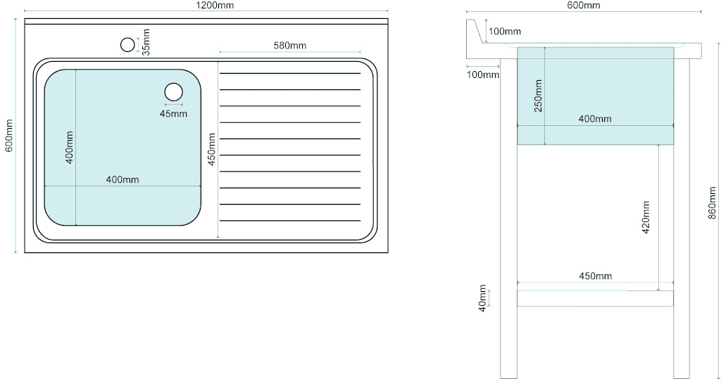 Empire Stainless Steel Commercial Single Bowl Sink – Right Hand Drainer 1200mm Wide | 1200-600RHD Single Bowl Sinks Empire