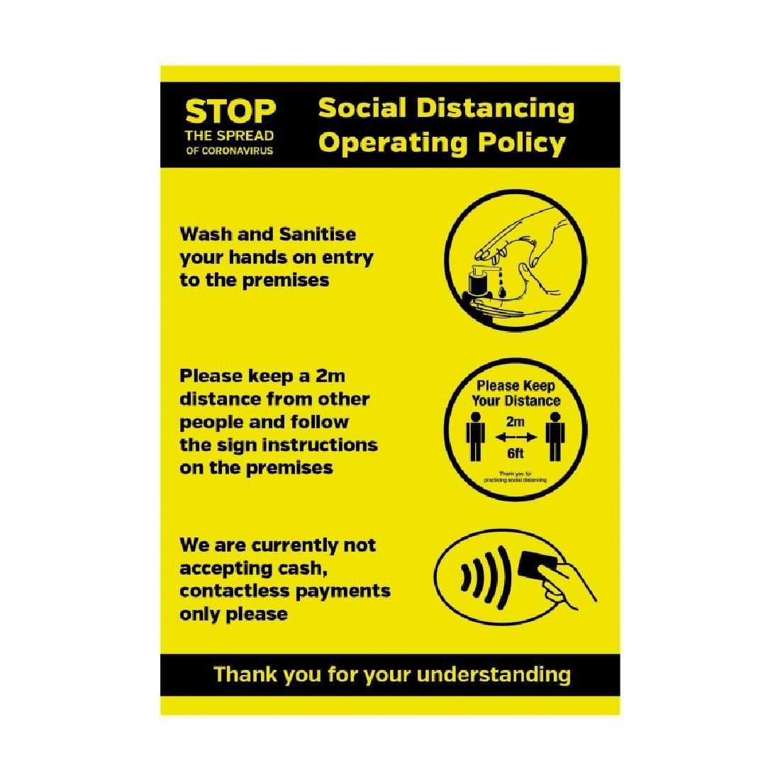 Social Distancing Operating Sanitiser Policy Self-Adhesive Poster A3 - FN648 Guidance Posters & Floor Graphics Unbranded