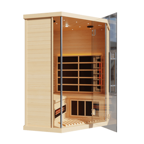 Kove 3-4 Person Infrared Corner Sauna Cabin – Hemlock Wood, Glass Front, Bluetooth & Full Spectrum Heating | KOVE-INFC Indoor Infrared Saunas Kove Designs