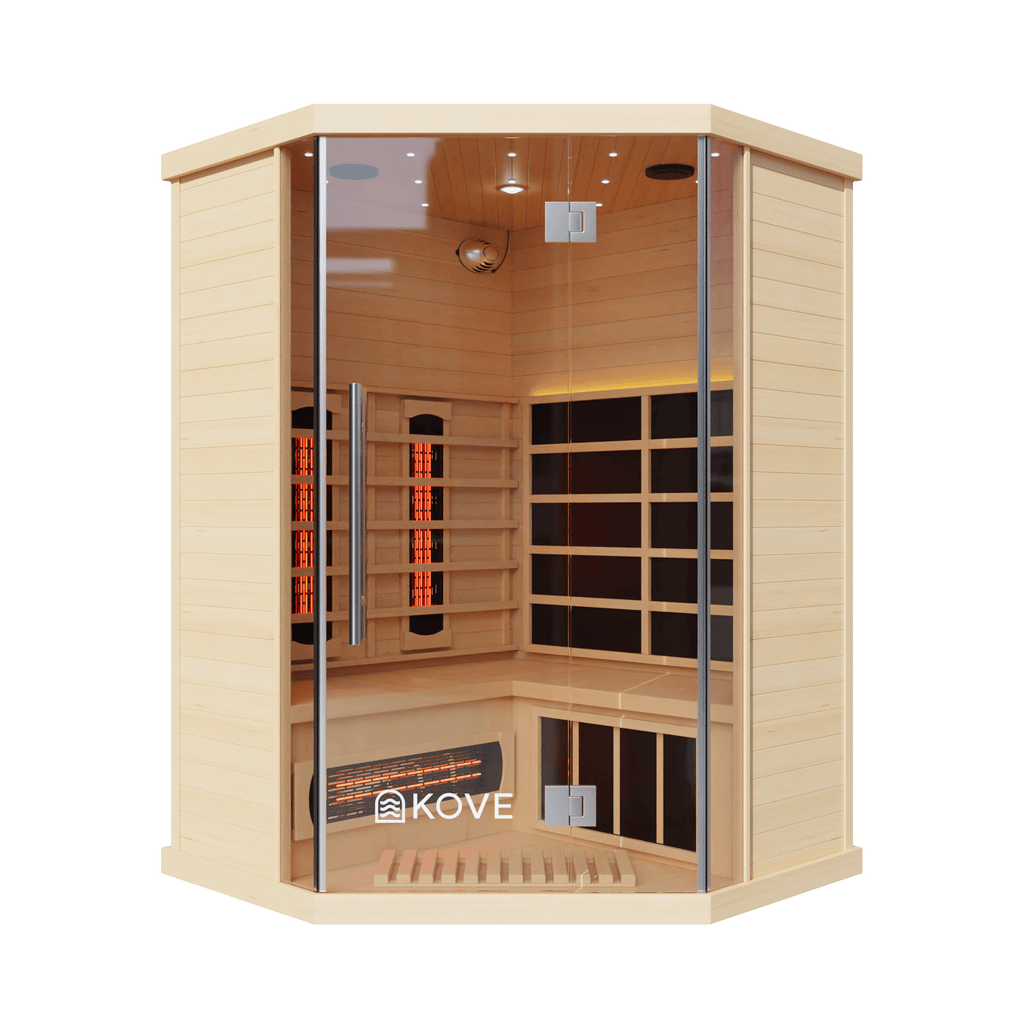 Kove 3-4 Person Infrared Corner Sauna Cabin – Hemlock Wood, Glass Front, Bluetooth & Full Spectrum Heating | KOVE-INFC Indoor Infrared Saunas Kove Designs