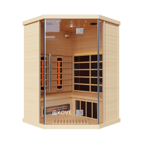 Kove 3-4 Person Infrared Corner Sauna Cabin – Hemlock Wood, Glass Front, Bluetooth & Full Spectrum Heating | KOVE-INFC Indoor Infrared Saunas Kove Designs