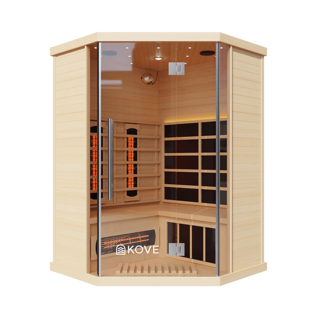 Kove 3-4 Person Infrared Corner Sauna Cabin – Hemlock Wood, Glass Front, Bluetooth & Full Spectrum Heating | KOVE-INFC Indoor Infrared Saunas Kove Designs