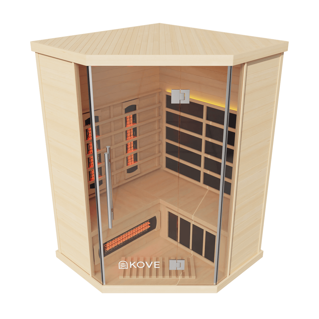 Kove 3-4 Person Infrared Corner Sauna Cabin – Hemlock Wood, Glass Front, Bluetooth & Full Spectrum Heating | KOVE-INFC Indoor Infrared Saunas Kove Designs