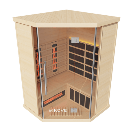 Kove 3-4 Person Infrared Corner Sauna Cabin – Hemlock Wood, Glass Front, Bluetooth & Full Spectrum Heating | KOVE-INFC Indoor Infrared Saunas Kove Designs