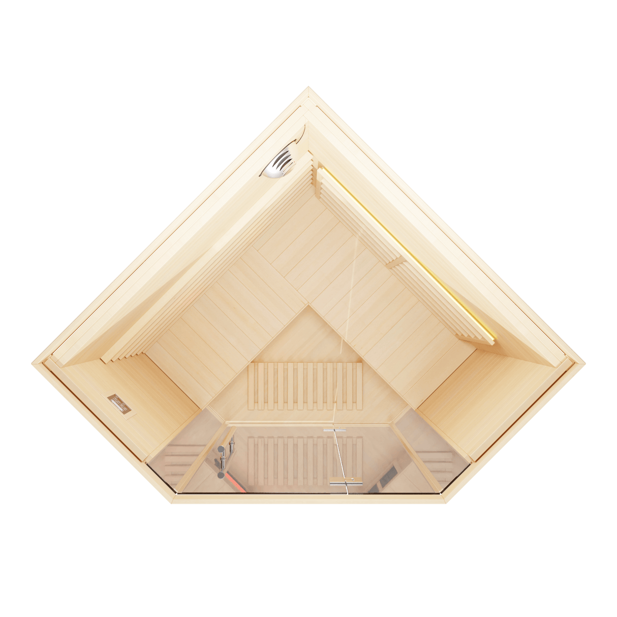 Kove 3-4 Person Infrared Corner Sauna Cabin – Hemlock Wood, Glass Front, Bluetooth & Full Spectrum Heating | KOVE-INFC Indoor Infrared Saunas Kove Designs