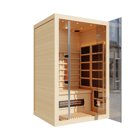 Empire Kove 2-Person Infrared Sauna Cabin – Hemlock Wood, Glass Front, Bluetooth & Full Spectrum Heating | KOVE-INF2 - Graded Item Indoor Infrared Saunas KOVE