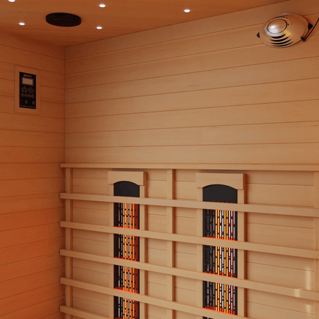 Kove 3-4 Person Infrared Corner Sauna Cabin – Hemlock Wood, Glass Front, Bluetooth & Full Spectrum Heating | KOVE-INFC Indoor Infrared Saunas Kove Designs