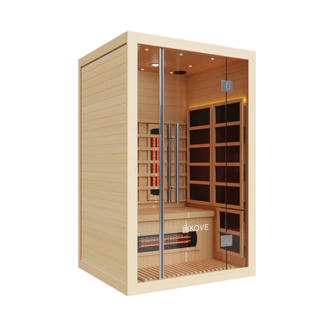 Empire Kove 2-Person Infrared Sauna Cabin – Hemlock Wood, Glass Front, Bluetooth & Full Spectrum Heating | KOVE-INF2 - Graded Item Indoor Infrared Saunas KOVE
