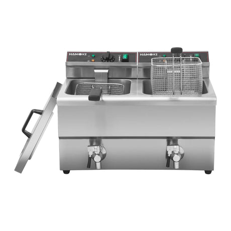 Hamoki Commercial Countertop Electric Fryer Twin Tank - 8+8 Litre with Drain Taps | 101110 Countertop Electric Fryers Hamoki