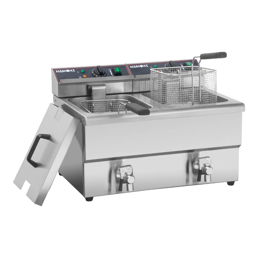 Hamoki Commercial Countertop Electric Fryer Twin Tank - 8+8 Litre with Drain Taps | 101110 Countertop Electric Fryers Hamoki