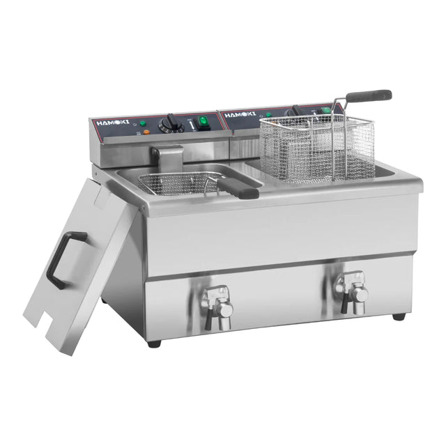 Hamoki Commercial Countertop Electric Fryer Twin Tank - 8+8 Litre with Drain Taps | 101110 Countertop Electric Fryers Hamoki