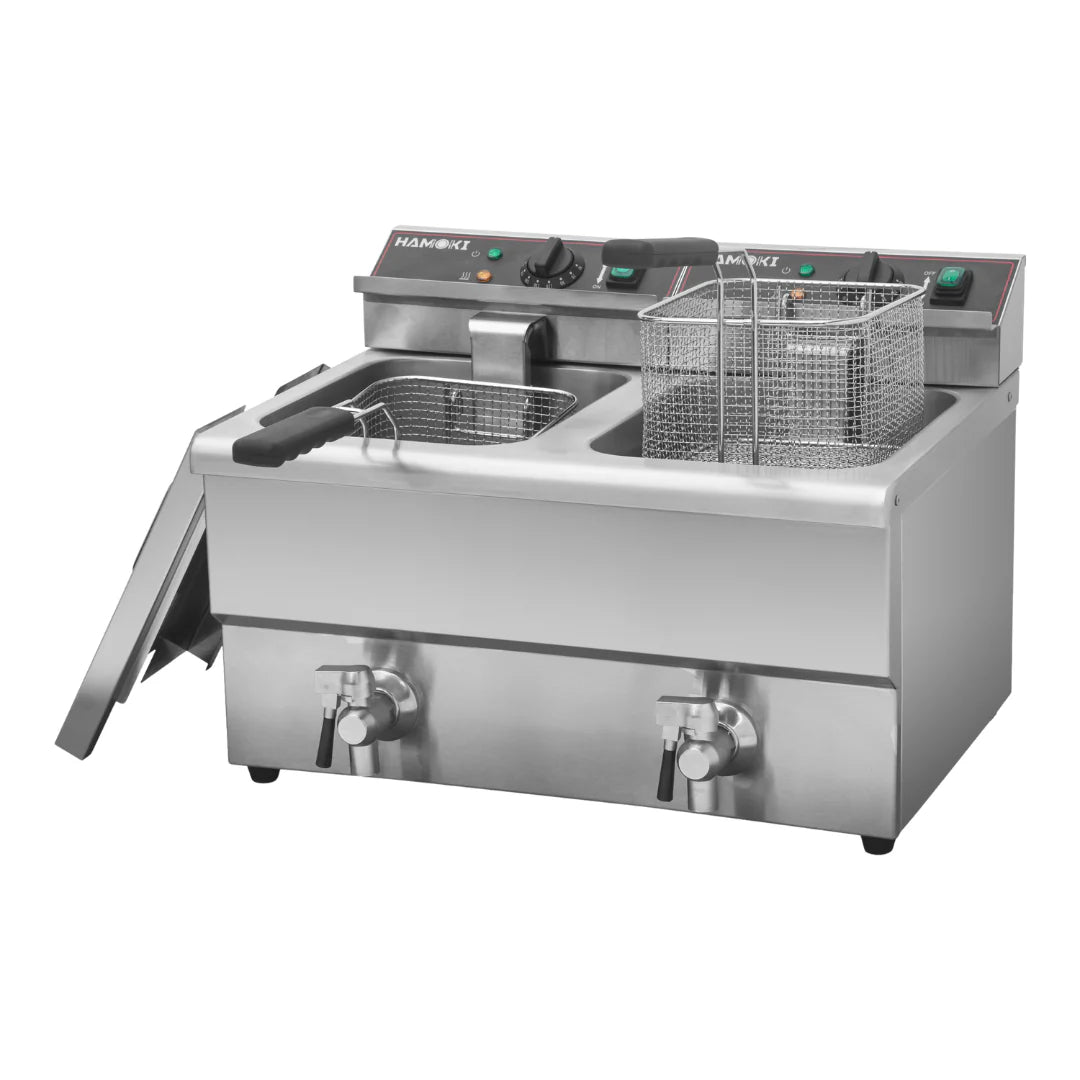 Hamoki Commercial Countertop Electric Fryer Twin Tank - 8+8 Litre with Drain Taps | 101110 Countertop Electric Fryers Hamoki