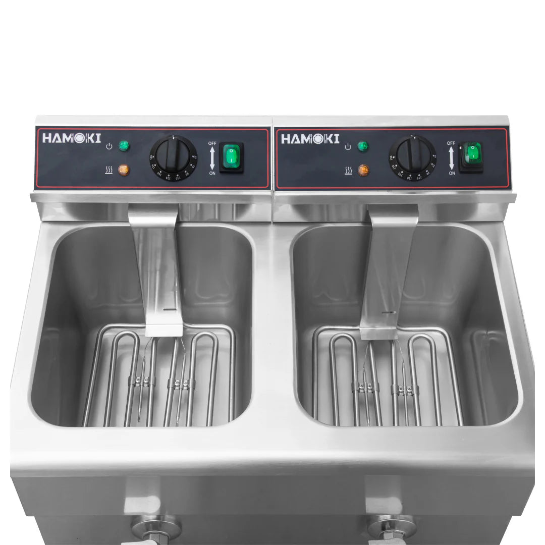 Hamoki Commercial Countertop Electric Fryer Twin Tank - 8+8 Litre with Drain Taps | 101110 Countertop Electric Fryers Hamoki