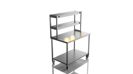 Nordstar Mobile Centre Table Bench With 2 Tier Heated Gantry Chefs Pass 1200mm | DTCMCB1200 Stainless Steel Tables with Overshelf Nordstar