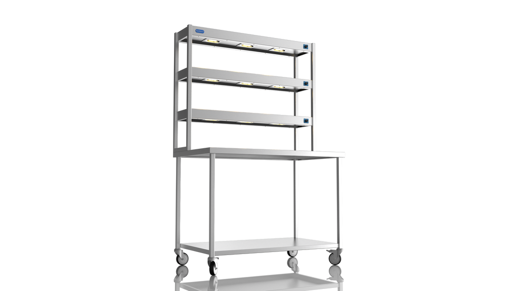 Nordstar Mobile Centre Table Bench With 3 Tier Heated Gantry Chefs Pass 1200mm | TTCMCB1200 Stainless Steel Tables with Overshelf Nordstar