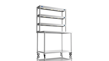 Nordstar Mobile Centre Table Bench With 3 Tier Heated Gantry Chefs Pass 1200mm | TTCMCB1200 Stainless Steel Tables with Overshelf Nordstar