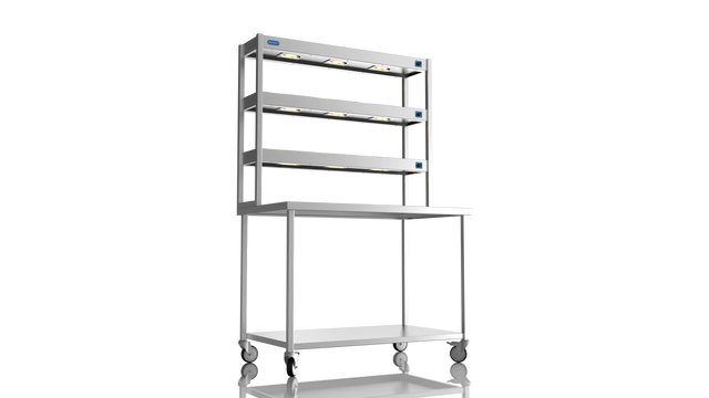 Nordstar Mobile Centre Table Bench With 3 Tier Heated Gantry Chefs Pass 1200mm | TTCMCB1200 Stainless Steel Tables with Overshelf Nordstar