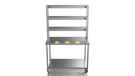 Nordstar Mobile Centre Table Bench With 3 Tier Heated Gantry Chefs Pass 1200mm | TTCMCB1200 Stainless Steel Tables with Overshelf Nordstar