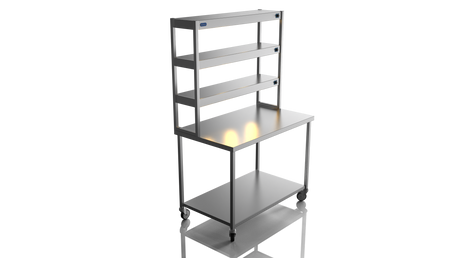 Nordstar Mobile Centre Table Bench With 3 Tier Heated Gantry Chefs Pass 1200mm | TTCMCB1200 Stainless Steel Tables with Overshelf Nordstar