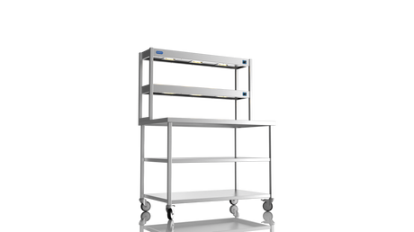 Nordstar Mobile Centre Table Bench With 2 Tier Heated Gantry Chefs Pass 1200mm | DTCMCB1200MS Stainless Steel Tables with Overshelf Nordstar