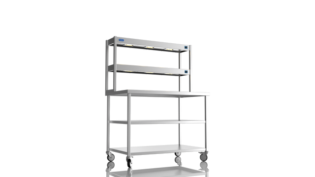 Nordstar Mobile Centre Table Bench With 2 Tier Heated Gantry Chefs Pass 1200mm | DTCMCB1200MS Stainless Steel Tables with Overshelf Nordstar