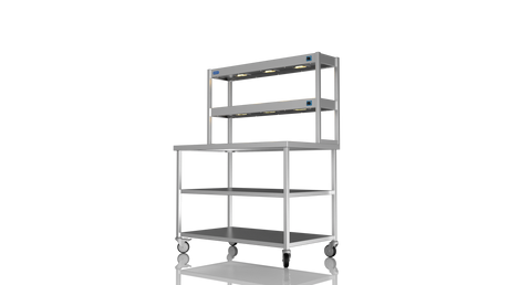 Nordstar Mobile Centre Table Bench With 2 Tier Heated Gantry Chefs Pass 1200mm | DTCMCB1200MS Stainless Steel Tables with Overshelf Nordstar
