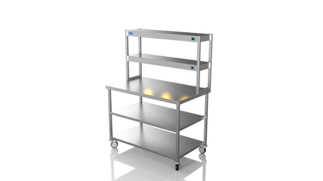 Nordstar Mobile Centre Table Bench With 2 Tier Heated Gantry Chefs Pass 1200mm | DTCMCB1200MS Stainless Steel Tables with Overshelf Nordstar