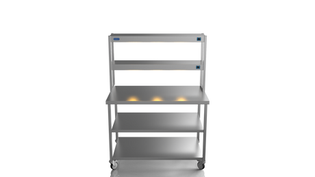 Nordstar Mobile Centre Table Bench With 2 Tier Heated Gantry Chefs Pass 1200mm | DTCMCB1200MS Stainless Steel Tables with Overshelf Nordstar