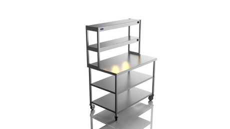 Nordstar Mobile Centre Table Bench With 2 Tier Heated Gantry Chefs Pass 1200mm | DTCMCB1200MS Stainless Steel Tables with Overshelf Nordstar