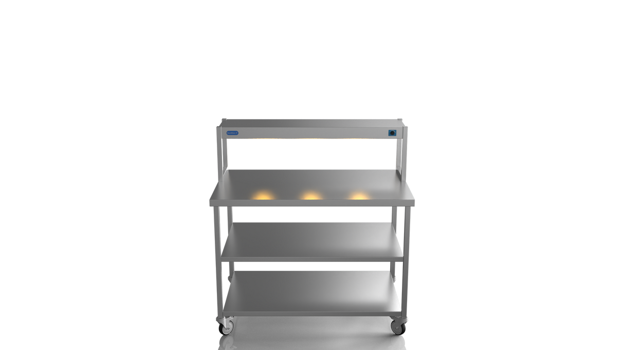 Nordstar Mobile Centre Table Bench With Heated Gantry Chefs Pass 1200mm | STCMCB1200MS Stainless Steel Tables with Overshelf Nordstar
