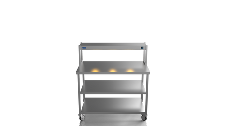 Nordstar Mobile Centre Table Bench With Heated Gantry Chefs Pass 1200mm | STCMCB1200MS Stainless Steel Tables with Overshelf Nordstar