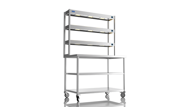 Nordstar Mobile Centre Table Bench With 3 Tier Heated Gantry Chefs Pass 1200mm | TTCMCB1200MS Stainless Steel Tables with Overshelf Nordstar