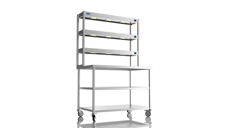 Nordstar Mobile Centre Table Bench With 3 Tier Heated Gantry Chefs Pass 1200mm | TTCMCB1200MS Stainless Steel Tables with Overshelf Nordstar