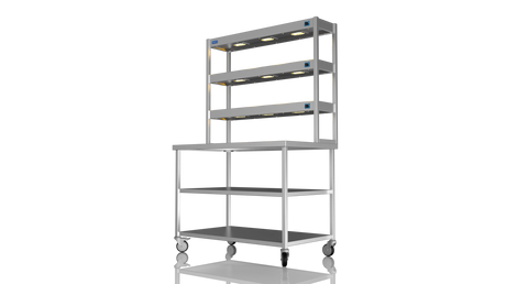 Nordstar Mobile Centre Table Bench With 3 Tier Heated Gantry Chefs Pass 1200mm | TTCMCB1200MS Stainless Steel Tables with Overshelf Nordstar