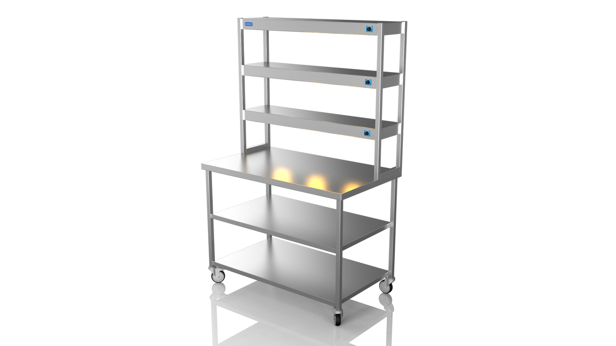 Nordstar Mobile Centre Table Bench With 3 Tier Heated Gantry Chefs Pass 1200mm | TTCMCB1200MS Stainless Steel Tables with Overshelf Nordstar