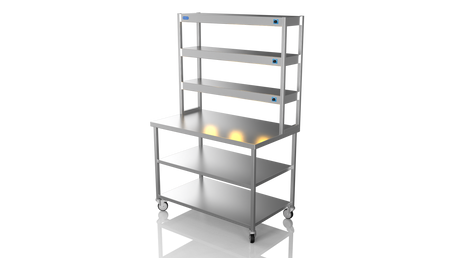 Nordstar Mobile Centre Table Bench With 3 Tier Heated Gantry Chefs Pass 1200mm | TTCMCB1200MS Stainless Steel Tables with Overshelf Nordstar