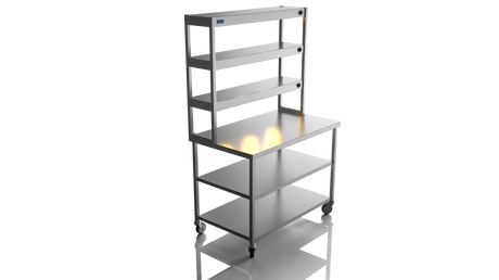 Nordstar Mobile Centre Table Bench With 3 Tier Heated Gantry Chefs Pass 1200mm | TTCMCB1200MS Stainless Steel Tables with Overshelf Nordstar