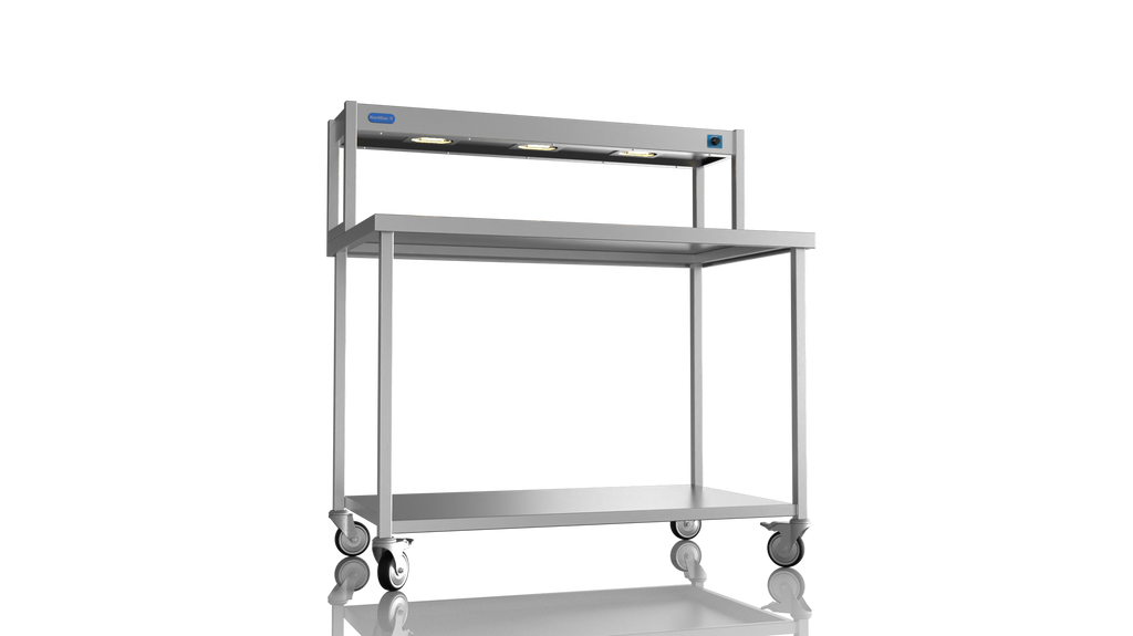 Nordstar Mobile Centre Table Bench With Heated Gantry Chefs Pass 1200mm | STCMCB1200 Stainless Steel Tables with Overshelf Nordstar