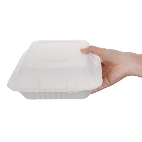 Fiesta Compostable Bagasse Hinged 3-Compartment Food Containers 201mm (Pack of 200) - FC526  Fiesta   